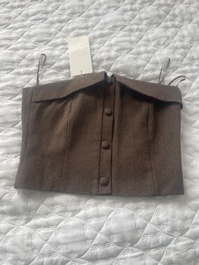 Zara Brown Off-Shoulder Button-Front Crop Top
